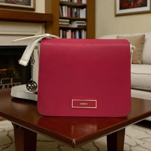 DKNY MAGENTA LEATHER FLAP OVER CROSSBODY Bag NWT - Picture 1 of 7